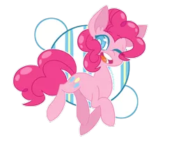 Size: 1280x1067 | Tagged: safe, artist:sbiderboy, derpibooru import, pinkie pie, earth pony, pony, abstract background, colored pupils, cute, diapinkes, ear fluff, eye clipping through hair, female, mare, one eye closed, open mouth, signature, simple background, solo, transparent background, wink