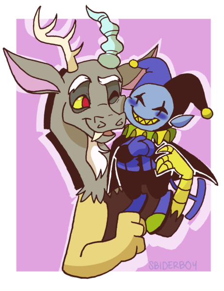 Size: 1280x1664 | Tagged: abstract background, artist:sbiderboy, bust, cheek squish, cheek to cheek, crossover, cute, deltarune, derpibooru import, discord, discute, draconequus, duo, jevil, looking at each other, male, one eye closed, open mouth, safe, signature, simple background, smiling, squishy cheeks, transparent background, undertale