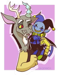 Size: 1280x1664 | Tagged: abstract background, artist:sbiderboy, bust, cheek squish, cheek to cheek, crossover, cute, deltarune, derpibooru import, discord, discute, draconequus, duo, jevil, looking at each other, male, one eye closed, open mouth, safe, signature, simple background, smiling, squishy cheeks, transparent background, undertale