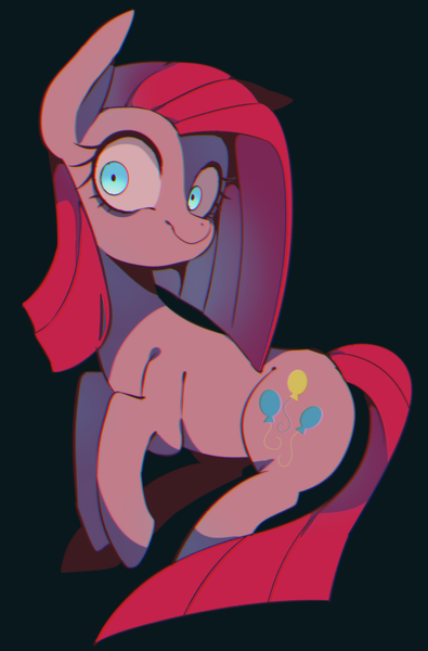 Size: 1264x1920 | Tagged: safe, artist:setoya, derpibooru import, pinkie pie, earth pony, pony, black background, chromatic aberration, creepy, female, looking at you, mare, pinkamena diane pie, shrunken pupils, simple background, smiling, solo