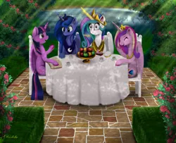 Size: 7680x6240 | Tagged: safe, artist:darksly, derpibooru import, princess cadance, princess celestia, princess luna, twilight sparkle, twilight sparkle (alicorn), alicorn, pony, absurd resolution, alicorn tetrarchy, bush, cake, chair, cup, dessert, eyes closed, food, giggling, levitation, magic, open mouth, plate, pond, sitting, table, telekinesis, true love princesses, water