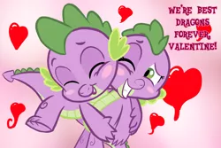 Size: 2160x1440 | Tagged: artist:chiptunebrony, barb, barbabetes, blushing, cute, derpibooru import, eyes closed, faic, female, heart, hearts and hooves day, holiday, hug, male, message, one eye closed, rule 63, rule63betes, safe, selfcest, self dragondox, self ponidox, shipping, spike, spikebarb, straight, text, valentine's day