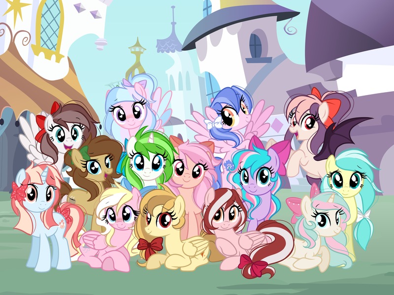 Size: 4104x3072 | Tagged: safe, artist:emberslament, derpibooru import, oc, oc:alice goldenfeather, oc:aurelia freefeather, oc:aurelleah, oc:aurry, oc:bay breeze, oc:cherry blossom, oc:lavender note, oc:minty root, oc:mirabelle, oc:mocha latte, oc:patch n' paw, oc:rini, oc:spirit sparkle, oc:summer rain, oc:sweet velvet, oc:wishy wish, unofficial characters only, bat pony, earth pony, pegasus, pony, unicorn, bat pony oc, bat wings, bow, cute, daaaaaaaaaaaw, female, group, group photo, hair bow, heart eyes, looking at you, mare, ocbetes, tail bow, wingding eyes, wings