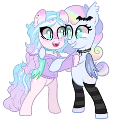 Size: 702x737 | Tagged: safe, artist:ashidaii, derpibooru import, oc, oc:spectral prism, unofficial characters only, bat pony, pony, bat pony oc, bat wings, bipedal, bipedal leaning, clothes, female, hoodie, hug, leaning, mare, multicolored hair, rainbow hair, simple background, socks, striped socks, transparent background, wings