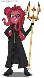 Size: 1700x2966 | Tagged: safe, artist:gamerpen, derpibooru import, oc, oc:mezma, siren, equestria girls, clothes, equestria girls-ified, female, gloves, kingdom hearts, looking at you, organization xiii, simple background, solo, transparent background, trident