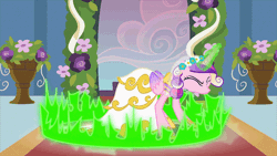 Size: 640x360 | Tagged: a canterlot wedding, alicorn, animated, carpet, changeling, clothes, derpibooru import, disguise, disguised changeling, dress, eyes closed, fake cadance, female, floral head wreath, flower, flower in hair, flower pot, gif, glowing horn, hoof shoes, horn, indoors, loop, magic, mare, princess cadance, queen chrysalis, safe, screencap, solo, standing, transformation, wedding dress
