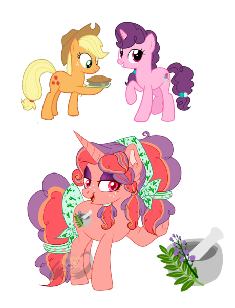 Size: 2532x3312 | Tagged: safe, artist:lemonkaiju, derpibooru import, applejack, sugar belle, pony, unicorn, female, food, magical lesbian spawn, mare, offspring, parent:applejack, parent:sugar belle, parents:sugarjack, pie, simple background, sugarjack, transparent background