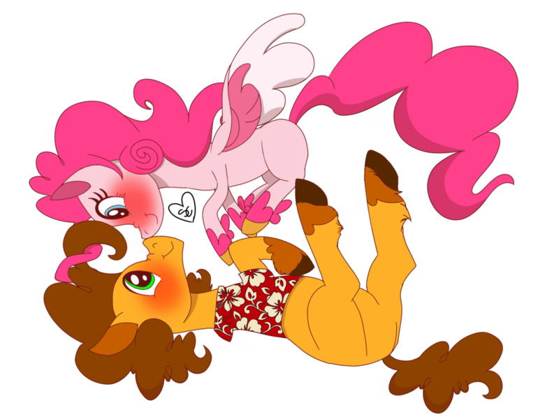 Size: 2048x1536 | Tagged: safe, artist:summer-cascades, derpibooru import, cheese sandwich, pinkie pie, earth pony, pegasus, pony, g5, leak, spoiler:g5, blushing, boop, cheesepie, clothes, female, flying, hawaiian shirt, looking at each other, male, mare, noseboop, on back, pinkie pie (g5), scrunchy face, shipping, shirt, simple background, smiling, stallion, straight, transparent background