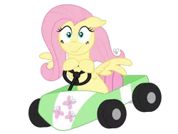 Size: 2048x1536 | Tagged: safe, artist:summer-cascades, derpibooru import, fluttershy, pegasus, pony, female, go kart, hoof hold, mare, mario kart, simple background, solo, spread wings, transparent background, vector, video game crossover, wings, worried