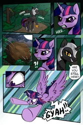 Size: 1243x1877 | Tagged: alicorn, angry, armor, artist:candyclumsy, artist:nancy-05, boulder, comic, comic:curse and madness, derpibooru import, everfree forest, female, flying, forest, helmet, hoof shoes, imminent doom, jewelry, mare, mlpcam, moon, necklace, night, oc, oc:fallenlight, safe, sky, stars, text, text bubbles, tree, twilight sparkle, twilight sparkle (alicorn), wings