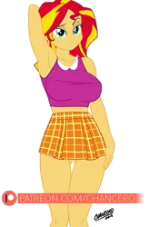 Size: 525x800 | Tagged: suggestive, artist:chancero, derpibooru import, sunset shimmer, equestria girls, arm behind head, armpits, breasts, busty sunset shimmer, clothes, erect nipples, female, midriff, miniskirt, patreon, plaid skirt, pleated skirt, sexy, simple background, skirt, solo, solo female, stupid sexy sunset shimmer, thighs, transparent background, underass, white outline