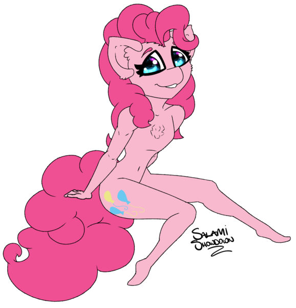 Size: 2120x2200 | Tagged: anthro, artist:salamishowdown, breastless female, chibi, derpibooru import, female, looking at you, pinkie pie, plantigrade anthro, safe, simple background, smiling, solo