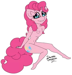 Size: 2120x2200 | Tagged: anthro, artist:salamishowdown, breastless female, chibi, derpibooru import, female, looking at you, pinkie pie, plantigrade anthro, safe, simple background, smiling, solo
