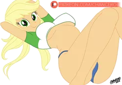 Size: 800x561 | Tagged: suggestive, artist:chancero, derpibooru import, applejack, equestria girls, applebutt, ass, blue underwear, breasts, busty applejack, butt, clothes, erect nipples, female, looking at you, nipple outline, panties, patreon, patreon logo, sexy, shirt, simple background, smiling, solo, solo female, stupid sexy applejack, thighs, transparent background, underboob, underwear, white outline