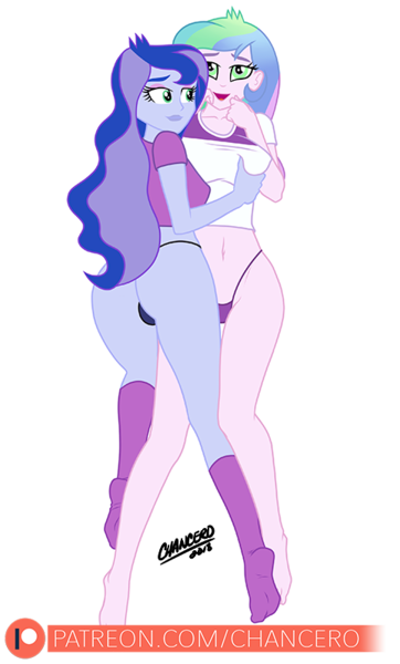 Size: 482x800 | Tagged: questionable, artist:chancero, derpibooru import, princess celestia, princess luna, equestria girls, ass, belly button, breasts, busty princess celestia, butt, cameltoe, clothes, duo, duo female, female, grope, hypnosis, hypnotized, incest, knee highs, lesbian, moonbutt, panties, patreon, patreon logo, princest, principal celestia, principalest, shipping, sideboob, simple background, thong, transparent background, underwear, vice principal luna, vice principal moonbutt