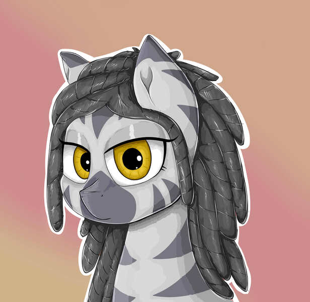 Size: 4265x4152 | Tagged: absurd resolution, artist:waffletheheadmare, bust, derpibooru import, dreadlocks, eyelashes, eyeshadows, female, gray coat, gray mane, half-closed eyes, mare, multicolored coat, oc, oc:indikashigo, orange eyes, portrait, safe, simple background, stripes, unofficial characters only, zebra