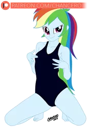 Size: 564x800 | Tagged: suggestive, artist:chancero, derpibooru import, rainbow dash, equestria girls, breasts, clothes, female, looking at you, one-piece swimsuit, patreon, patreon logo, simple background, small breasts, solo, solo female, swimsuit, transparent background, white outline