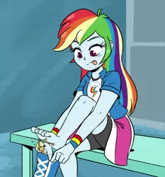 Size: 694x746 | Tagged: safe, artist:joaoppereiraus, derpibooru import, applejack, rainbow dash, breezie, equestria girls, boots, clothes, compression shorts, cropped, feet, fetish, foot fetish, legs, miniskirt, shirt, shoes, shorts, sitting, skirt, skirt lift, this will end in tears, tongue out, wristband