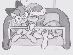 Size: 1233x928 | Tagged: safe, artist:lockerobster, derpibooru import, apple bloom, sweetie belle, pony, blushing, cotton candy, date, female, ferris wheel, filly, hoof hold, kiss on the cheek, kissing, lesbian, monochrome, nervous, romantic, shipping, surprise kiss, sweetiebloom, traditional art
