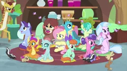 Size: 1280x720 | Tagged: safe, derpibooru import, screencap, clementine, fluttershy, gallus, november rain, ocellus, peppermint goldylinks, sandbar, silverstream, smolder, yona, changedling, changeling, chipmunk, classical hippogriff, dragon, earth pony, giraffe, gryphon, hippogriff, pegasus, pony, rabbit, skunk, unicorn, yak, teacher of the month (episode), spoiler:interseason shorts, animal, bow, colored hooves, cute, dragoness, female, friendship student, hair bow, jewelry, male, mare, monkey swings, necklace, smiling, stallion, teenager