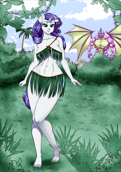 Size: 1200x1694 | Tagged: questionable, artist:pia-sama, derpibooru import, rarity, spike, anthro, dragon, plantigrade anthro, unicorn, areola, areola slip, barefoot, beefspike, breasts, busty rarity, clothes, dragon wings, duo, fanfic art, feet, female, grass skirt, imminent sex, legs, male, mare, miniskirt, muscles, older, older spike, sexy, shipping, skirt, smiling, sparity, spread wings, straight, thighs, this will end in snu snu, tribal, wardrobe malfunction, wide hips, winged spike, wings