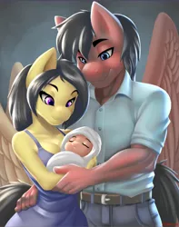 Size: 2742x3474 | Tagged: safe, artist:pakwan008, derpibooru import, oc, oc:ember wing, oc:fable prose, oc:quick bullet, unofficial characters only, anthro, pegasus, pony, anthro oc, baby, baby pony, black mane, clothes, eyebrows, eyelashes, eyes closed, family, father, father and child, father and son, female, foal, love, male, mother, mother and child, mother and father, mother and son, newborn, oc x oc, offspring, orange fur, parents:oc x oc, quicable, ranchtown, red fur, shipping, smiling, spread wings, trio, wholesome, wings, yellow fur