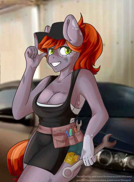 Size: 1112x1512 | Tagged: anthro, apron, artist:senpai, breasts, cap, car, cleavage, clothes, derpibooru import, female, grin, hat, leaning, mechanic, oc, oc:aurous affect, safe, smiling, solo, toolbelt, tools, unofficial characters only, wrench