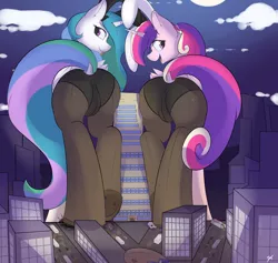 Size: 3170x3000 | Tagged: suggestive, artist:mrrowboat, derpibooru import, princess cadance, princess celestia, alicorn, pony, bunny ears, bunny suit, bunnylestia, butt, clothes, crush fetish, destruction, domdance, domlestia, female, femdom, fetish, giant pony, giantlestia, looking back, lovebutt, macro, mare, smiling, sunbutt