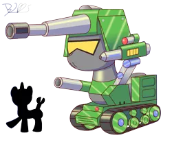 Size: 2000x1655 | Tagged: safe, artist:trackheadtherobopony, derpibooru import, oc, oc:killdozer, oc:trackhead, original species, pony, robot, robot pony, wheelpone, cannon, silhouette, simple background, size comparison, solo, tank (vehicle), transparent background