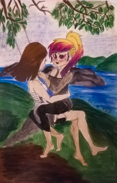 Size: 1716x2680 | Tagged: safe, artist:alienpauline483, derpibooru import, oc, oc:black dawn, oc:midnight cakepowder, equestria girls, cute, female, holiday, lesbian, looking at you, midnightdawn, oc x oc, shipping, swing, traditional art, valentine's day