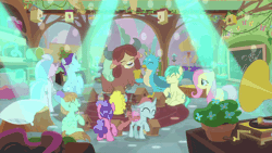 Size: 1280x720 | Tagged: safe, derpibooru import, screencap, berry blend, berry bliss, fluttershy, gallus, november rain, ocellus, peppermint goldylinks, sandbar, silverstream, yona, changedling, changeling, classical hippogriff, earth pony, gryphon, hippogriff, pegasus, pony, unicorn, yak, teacher of the month (episode), spoiler:interseason shorts, animated, bird house, blissabetes, bow, chalkboard, classroom, cloven hooves, colored hooves, cute, dancing, diaocelles, diastreamies, female, friendship student, gallabetes, gif, gramophone, hair bow, jewelry, male, mare, monkey swings, necklace, novemberbetes, peppermint adoralinks, sandabetes, smiling, teenager, yonadorable