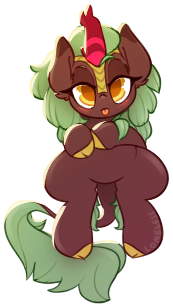 Size: 500x889 | Tagged: safe, artist:loneless-art, derpibooru import, cinder glow, summer flare, kirin, :p, blushing, chibi, cinderbetes, colored pupils, cute, ear fluff, featureless crotch, kirinbetes, silly, simple background, tongue out, transparent background