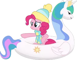 Size: 5029x3873 | Tagged: safe, artist:sollace, derpibooru import, pinkie pie, princess celestia, pony, best gift ever, .svg available, boat, clothes, floaty, inflatable, inflatable toy, objectified, pointing, pool toy, simple background, solo, swanlestia, transparent background, vector