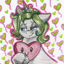 Size: 464x464 | Tagged: safe, artist:69beas, derpibooru import, oc, oc:schiller rush, unofficial characters only, pony, unicorn, abstract background, bedroom eyes, female, heart, holding a heart, hoof fluff, mare, solo, traditional art