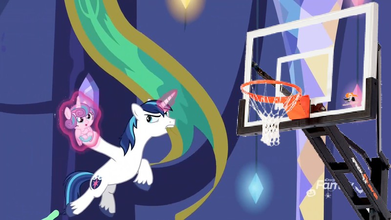 Size: 800x450 | Tagged: safe, derpibooru import, edit, edited screencap, screencap, princess flurry heart, shining armor, alicorn, pony, unicorn, best gift ever, "responsible father" armor, 1000 years in photoshop, basketball, basketball hoop, dunk, jordan, meme, shitposting, sports