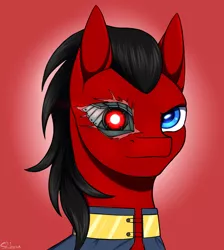 Size: 2073x2310 | Tagged: safe, artist:shkura2011, derpibooru import, oc, oc:red eye, cyborg, pony, fallout equestria, bust, looking at you, portrait, prosthetic eye, prosthetics, red and black oc, solo