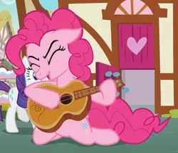 Size: 991x855 | Tagged: safe, derpibooru import, screencap, pinkie pie, rarity, earth pony, pony, unicorn, honest apple, cropped, eyes closed, female, floppy ears, guitar, mare, musical instrument, open mouth, power slide, sliding, solo focus
