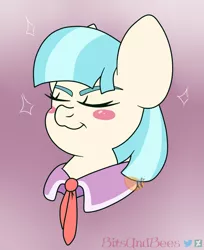 Size: 2145x2623 | Tagged: safe, artist:bitsandbees, derpibooru import, coco pommel, pony, blush sticker, blushing, bust, cocobetes, cute, eyes closed, head only, portrait, solo