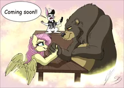 Size: 1714x1214 | Tagged: safe, artist:lupiarts, artist:snoopystallion, derpibooru import, angel bunny, fluttershy, harry, bear, pegasus, pony, rabbit, :t, abstract background, angry, animal, arm wrestling, cheek fluff, clothes, collaboration, comic, comic sans, comic sins, desk, eye contact, female, frown, grin, hat, looking at each other, male, mare, open mouth, referee, referee shirt, shirt, smiling, smirk, spread wings, surprised, sweat, table, underhoof, whistle, wing fluff, wings