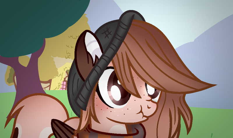 Size: 1048x620 | Tagged: safe, artist:alizeethepony2008, derpibooru import, oc, oc:yasy, unofficial characters only, pegasus, pony, beanie, brown eyes, brown mane, cute, ear fluff, female, folded wings, freckles, hat, looking at something, mare, ocbetes, scrunchy face, solo, wings