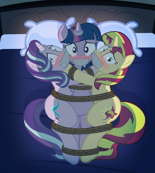 Size: 1323x1476 | Tagged: suggestive, artist:radiantrealm, derpibooru import, starlight glimmer, sunset shimmer, twilight sparkle, pony, unicorn, bed, blushing, bondage, bound together, female, femsub, gag, horn, horn ring, looking at you, magic suppression, mare, pillow, ring, rope, rope bondage, show accurate, show accurate porn, sublight glimmer, submissive, subset, tape, tape gag, tied up, twisub