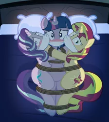 Size: 1323x1476 | Tagged: suggestive, alternate version, artist:radiantrealm, derpibooru import, starlight glimmer, sunset shimmer, twilight sparkle, pony, unicorn, bed, blushing, bondage, bound together, cloth gag, female, femsub, gag, horn, horn ring, looking at you, magic suppression, mare, pillow, ring, rope, rope bondage, show accurate, show accurate porn, sublight glimmer, submissive, subset, this will end in rape, tied up, twisub