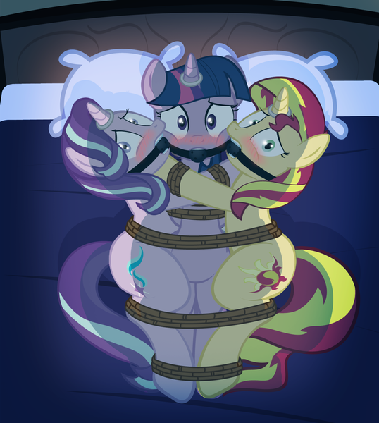 Size: 1323x1476 | Tagged: suggestive, alternate version, artist:radiantrealm, derpibooru import, starlight glimmer, sunset shimmer, twilight sparkle, pony, unicorn, ballgag, bed, blushing, bondage, bound together, female, femsub, gag, horn, horn ring, looking at you, magic suppression, mare, pillow, ring, rope, rope bondage, show accurate, show accurate porn, sublight glimmer, submissive, subset, this will end in rape, tied up, twisub