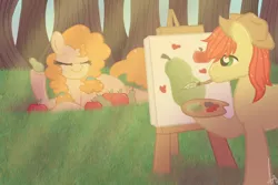 Size: 1000x666 | Tagged: safe, artist:inspiration1413, derpibooru import, bright mac, pear butter, pony, the perfect pear, apple, biting pear of salamanca, easel, food, mouth hold, paintbrush, painting, pear, tree