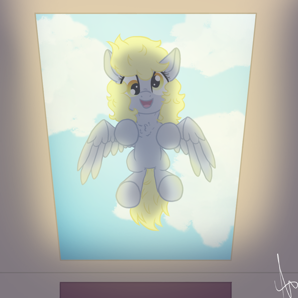 Size: 999x999 | Tagged: safe, artist:inspiration1413, derpibooru import, derpy hooves, pegasus, pony, cloud, cute, derpabetes, female, from below, glass, looking at you, mare, skylight, smiling, solo, underhoof, window