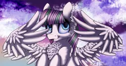Size: 1888x999 | Tagged: safe, artist:inspiration1413, derpibooru import, blossomforth, pony, :p, abstract background, blue eyes, chest fluff, ear fluff, eyelashes, female, looking at you, looking up, mare, signature, silly, smiling, solo, spread wings, tongue out, wings
