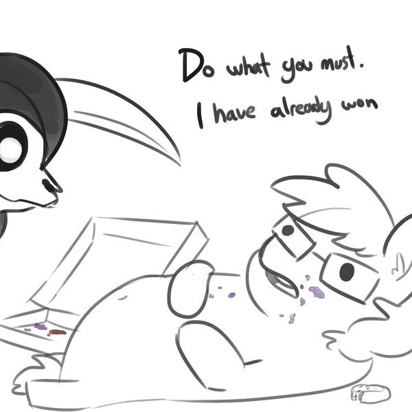 Size: 1650x1650 | Tagged: safe, artist:tjpones, derpibooru import, oc, oc:tjpones, earth pony, pony, dialogue, duo, ear fluff, fat, food, glasses, good end, grim reaper, lineart, lying down, male, meme, on back, ponified animal photo, scythe, simple background, stallion, this will end in death, white background