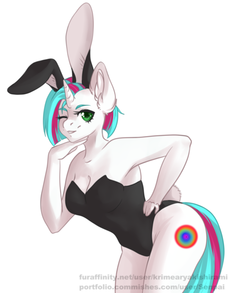 Size: 1112x1412 | Tagged: suggestive, artist:senpai, derpibooru import, oc, oc:fluorescent luminosity, unofficial characters only, anthro, unicorn, anthro oc, armpits, breasts, bunny suit, cleavage, clothes, commission, ear fluff, female, hand on hip, one eye closed, simple background, smiling, solo, transparent background, wink, ych result