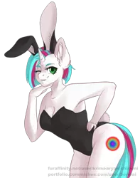 Size: 1112x1412 | Tagged: suggestive, artist:senpai, derpibooru import, oc, oc:fluorescent luminosity, unofficial characters only, anthro, unicorn, anthro oc, armpits, breasts, bunny suit, cleavage, clothes, commission, ear fluff, female, hand on hip, one eye closed, simple background, smiling, solo, transparent background, wink, ych result