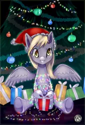 Size: 1359x2000 | Tagged: safe, artist:vexkex, derpibooru import, derpy hooves, pegasus, pony, christmas, christmas lights, christmas tree, clothes, cute, derpabetes, female, hat, holiday, mare, present, santa hat, sitting, smiling, solo, tree